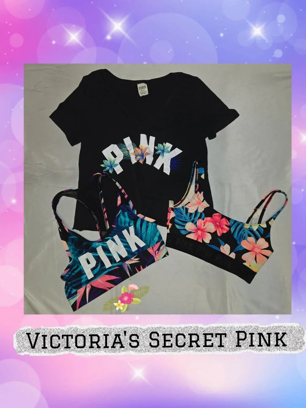 PINK Victoria's Secret Black Tee with Tropical Floral Bralettes Sz XS & M
